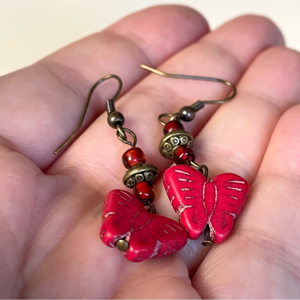 Vintage antiqued brass & red stone butterfly dangle earrings Boho